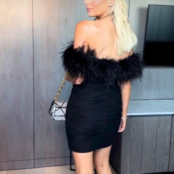 Rachel Gilbert Zion Mini Dress in Black with Feather Trim Size US 4 - Picture 4 of 16